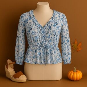 Blue Floral Peplum Blouse — Effortless Late Summer to Fall Style | M